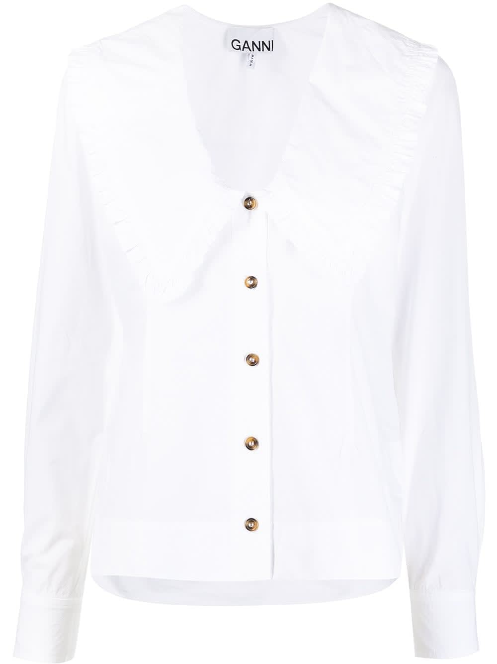 Shop Ganni Cotton Poplin V-neck Shirt Bright White