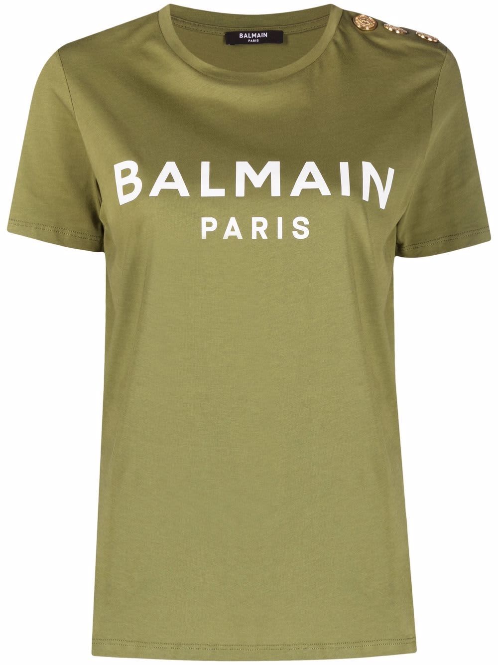 Balmain button-detail logo-print T-shirt green (Size: S)