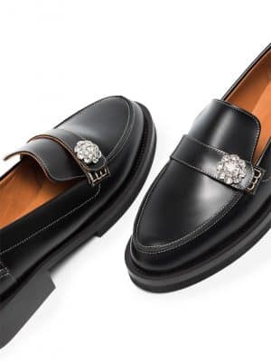 GANNI crystal-embellished leather loafers Black