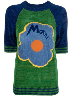 Marni logo flower knit T-shirt green/blue