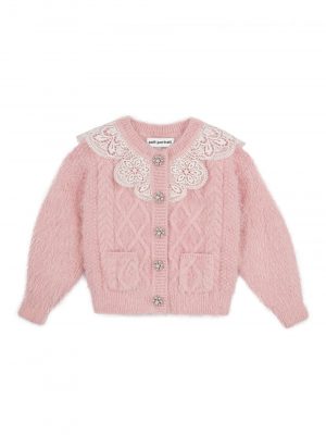 Self Portrait Mini Me Fluffy Cable Knit Cardigan Pink