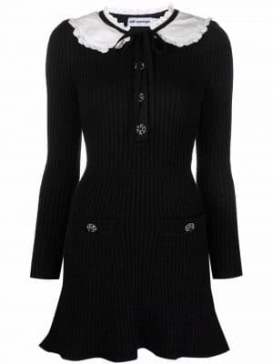 Self portrait lace-collar lurex ribbed knit dress black