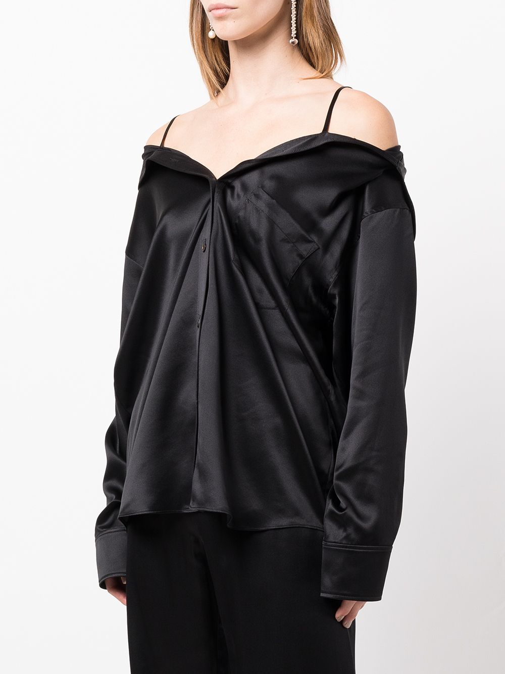 Off-shoulder Satin Shirt In Black