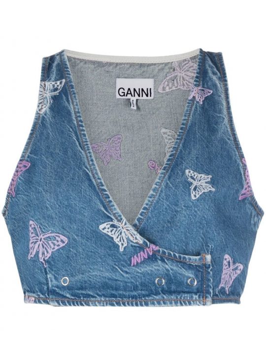 GANNI embroidered denim crop top