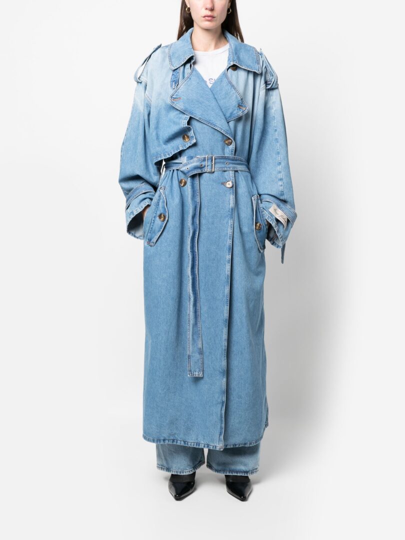 Distressed denim outlet trench coat