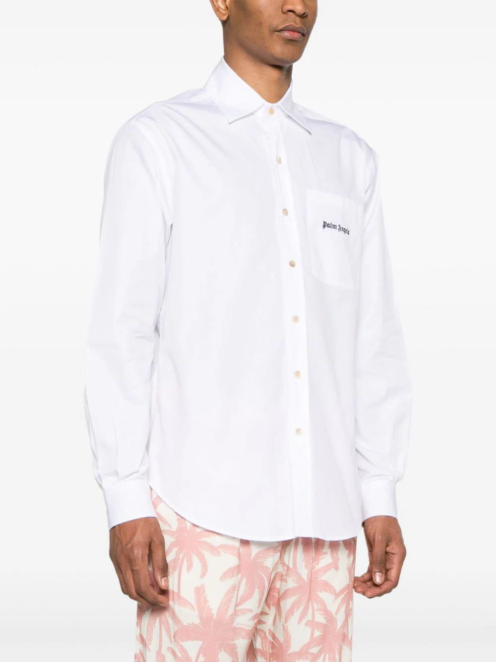 Shop Palm Angels Logo Embroidered Cotton Shirt White