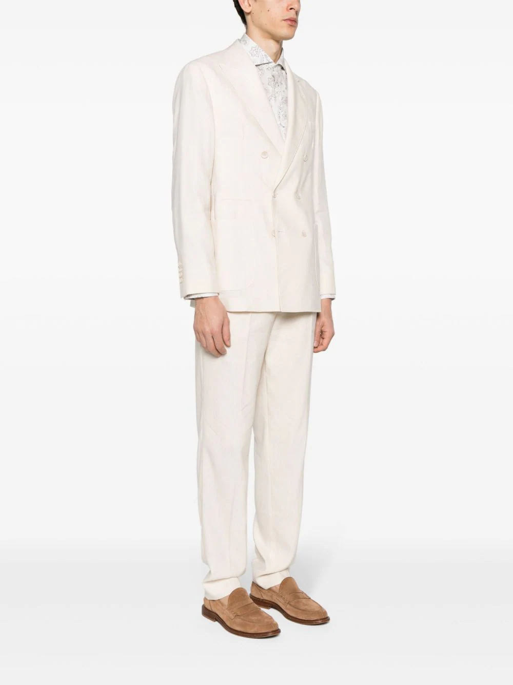 Shop Brunello Cucinelli Double Breasted Linen Blend Suit Beige
