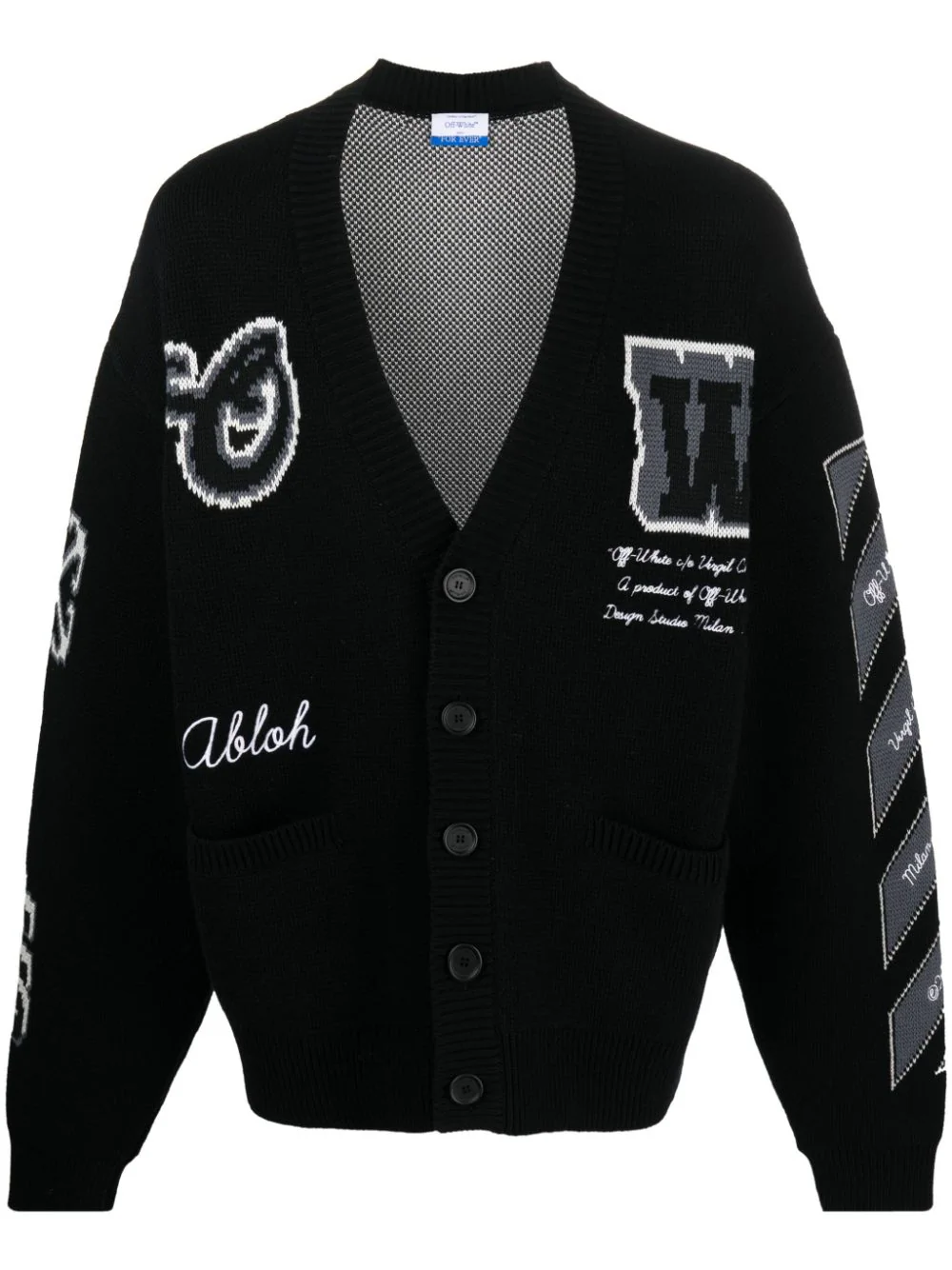 Off-white Intarsia-knit Wool-blend Cardigan In Black