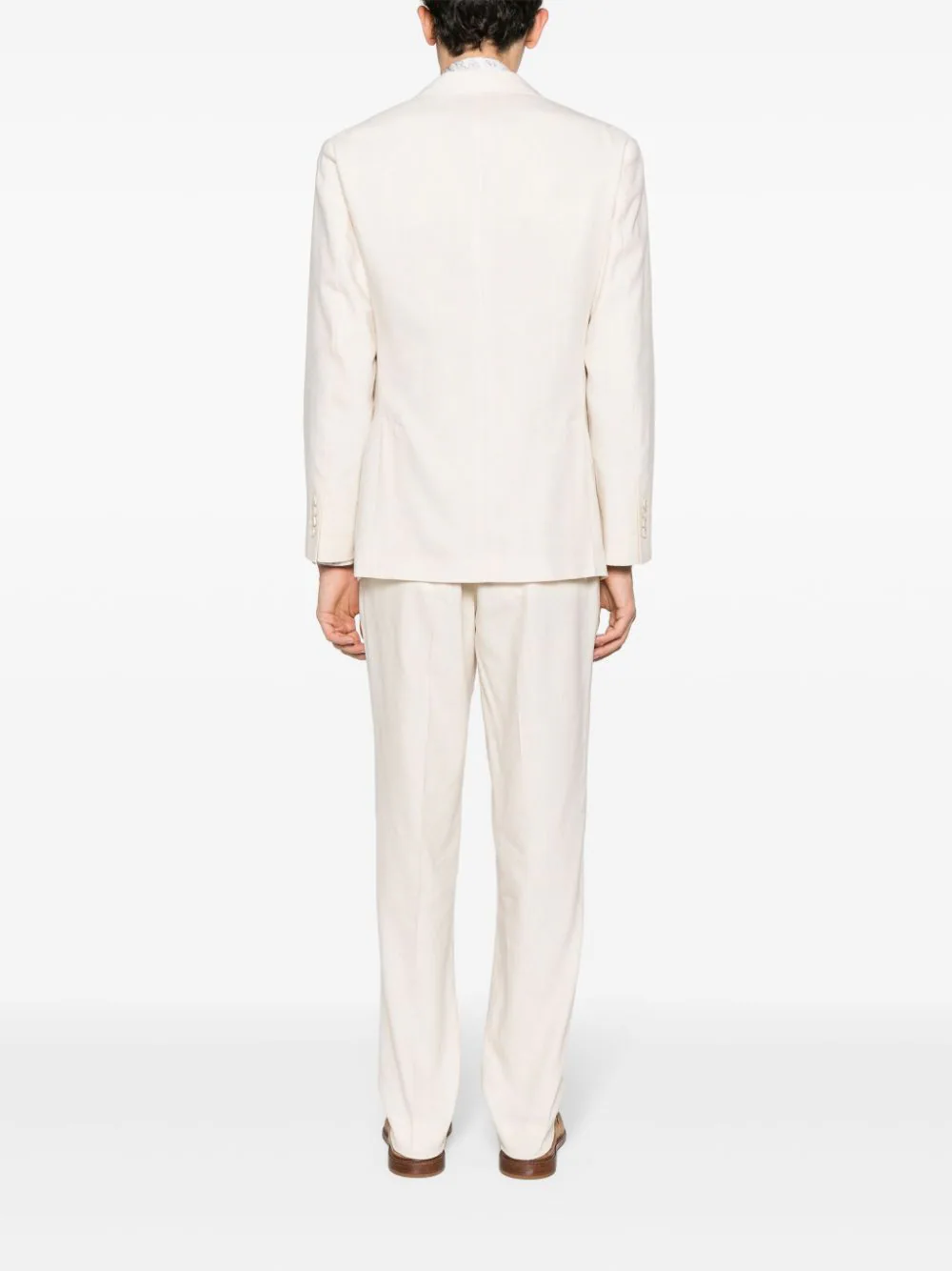 Shop Brunello Cucinelli Double Breasted Linen Blend Suit Beige