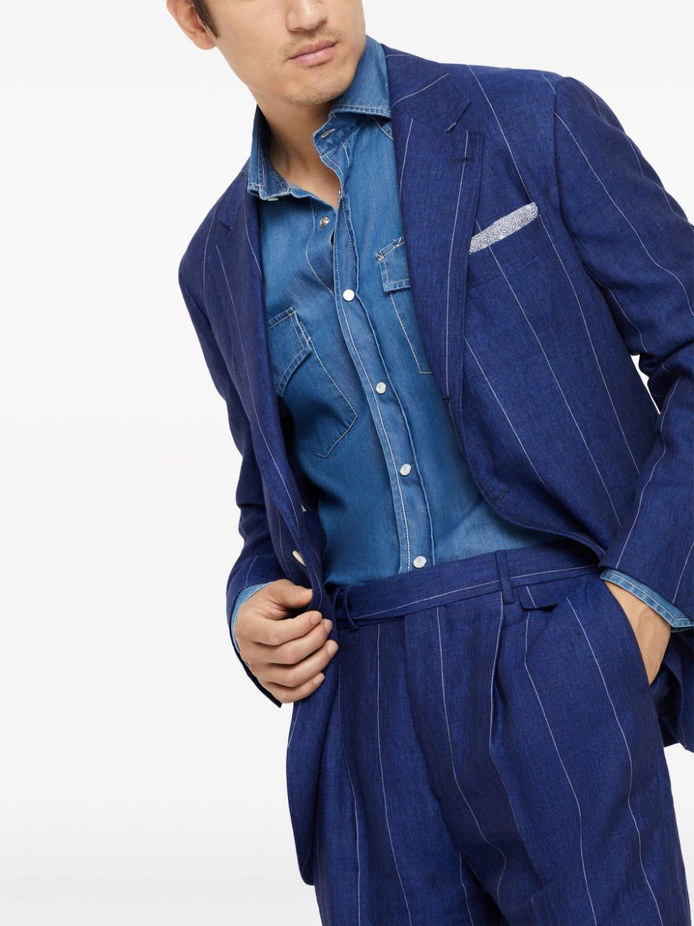 Shop Brunello Cucinelli Striped Linen Suit Indigo