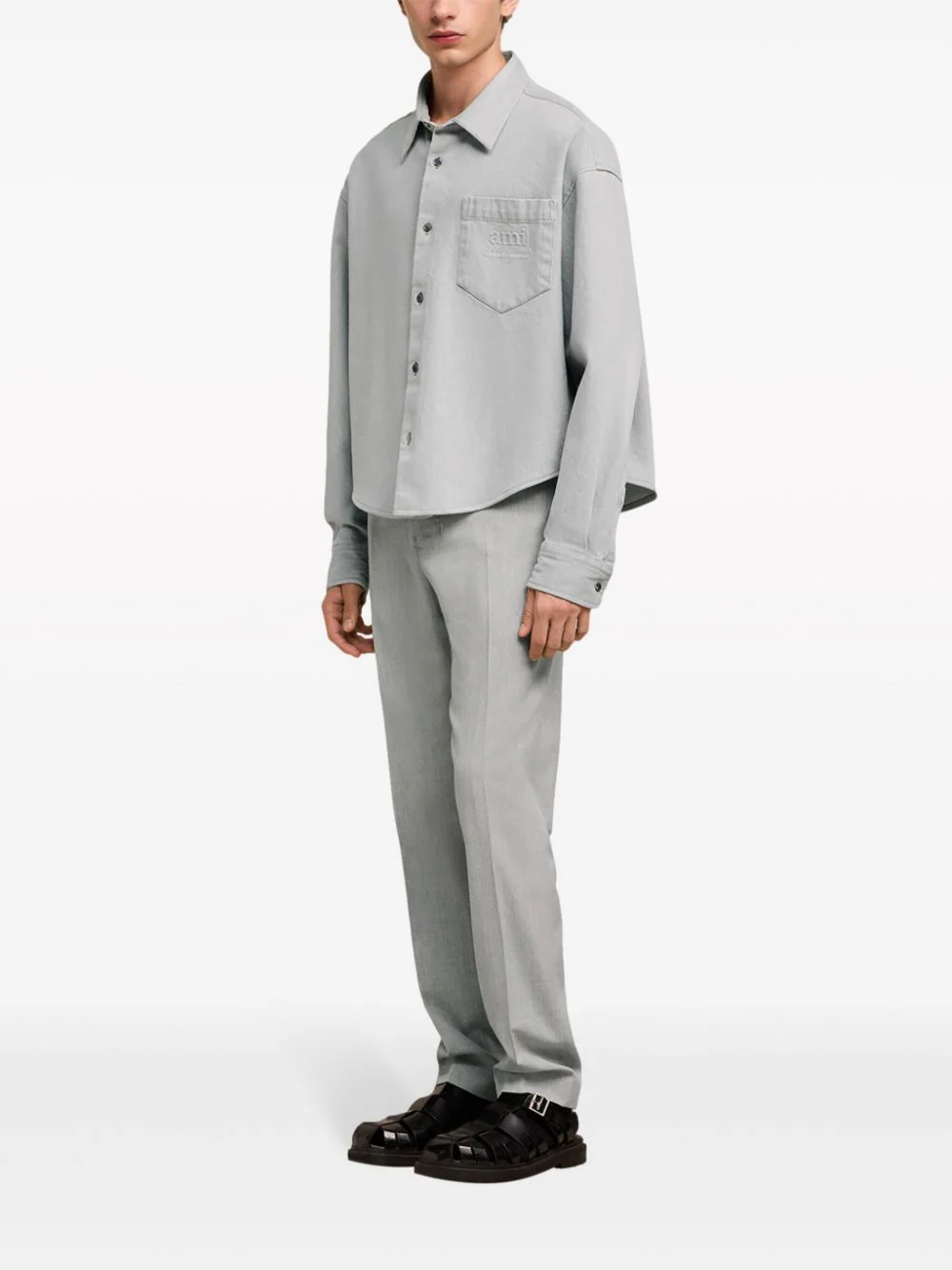 Shop Ami Alexandre Mattiussi Ami Paris Logo Embossed Denim Shirt Grey