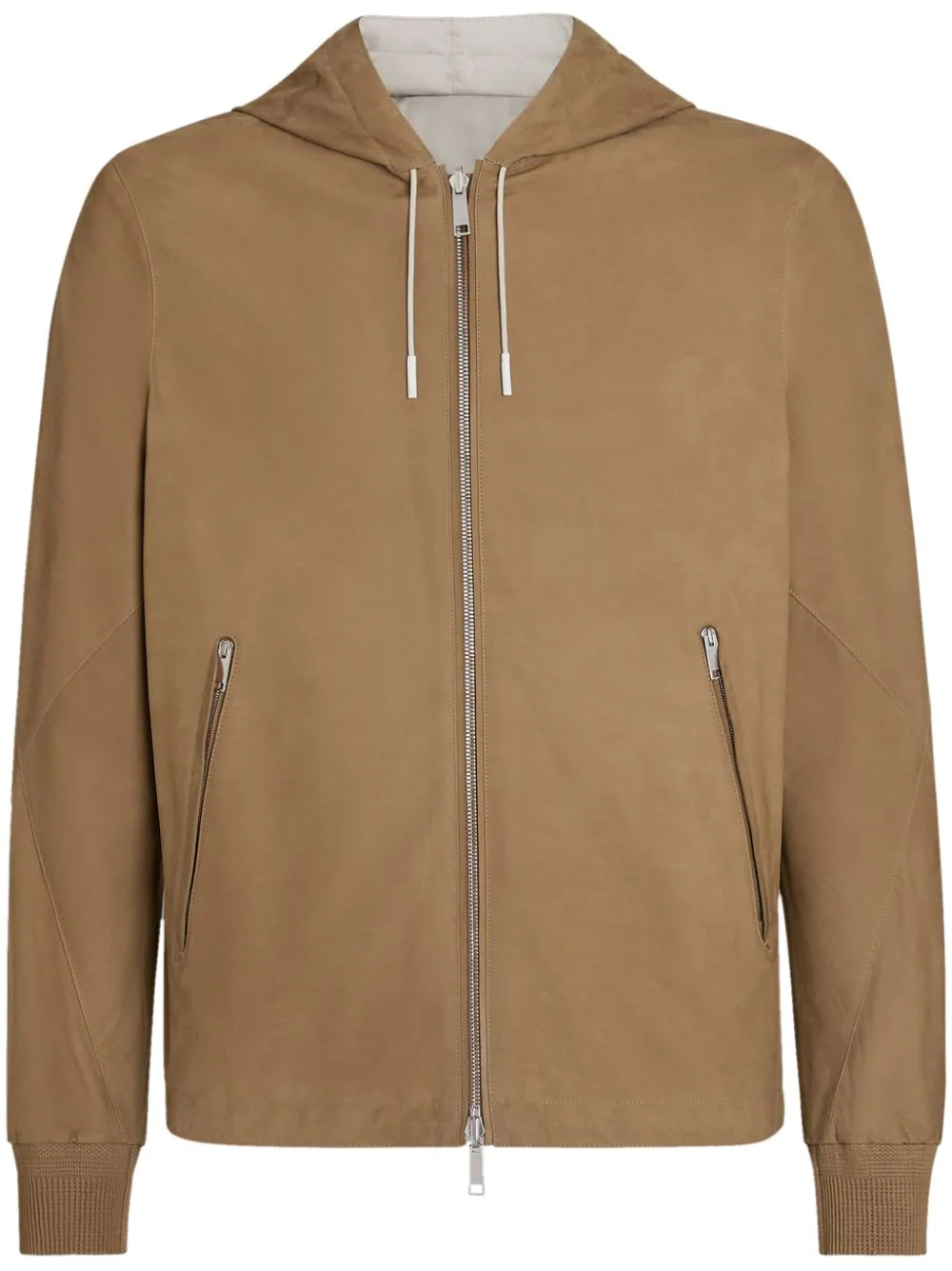 Shop Zegna Hooded Zip-front Leather Jacket Beige