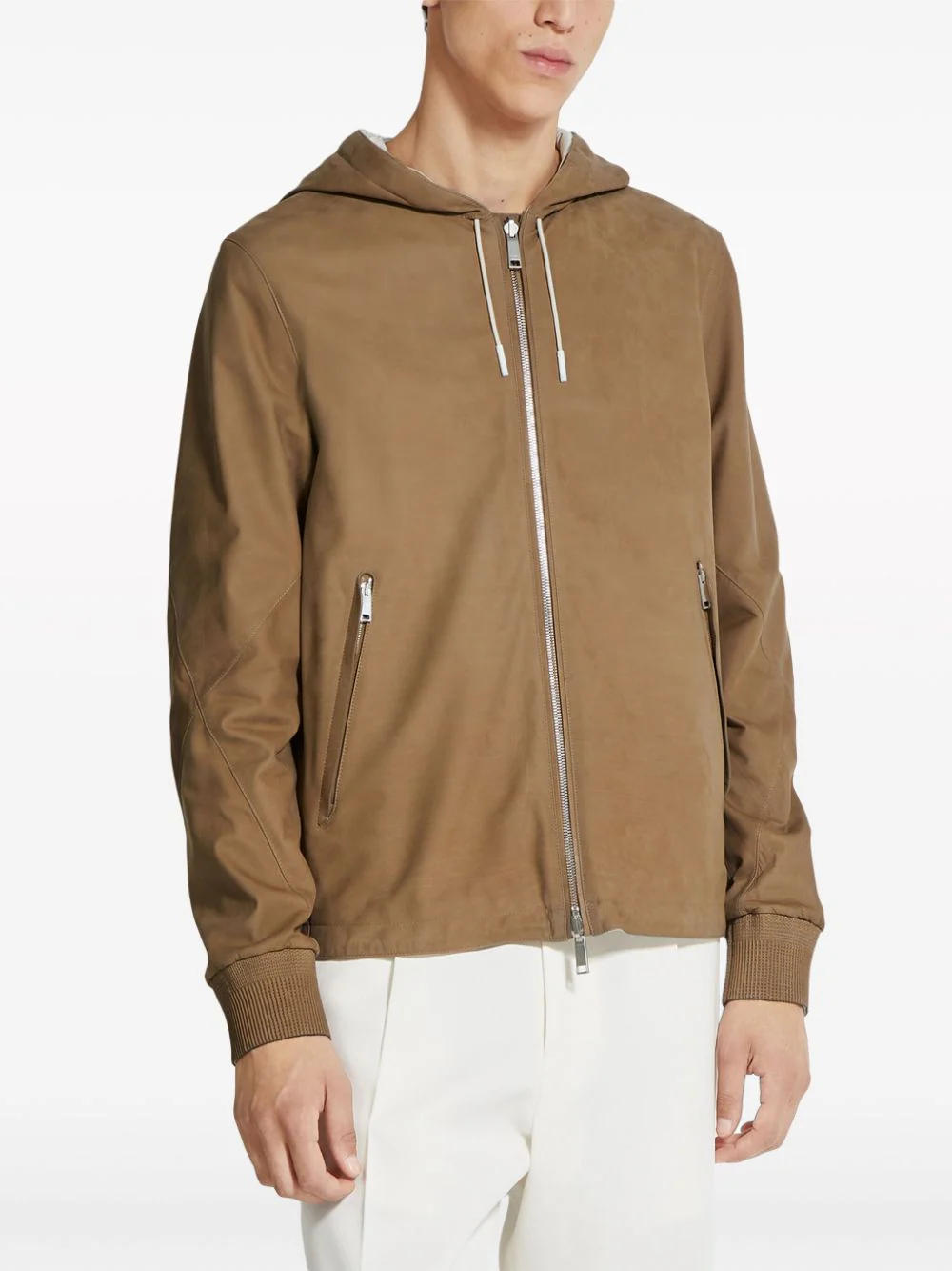 Shop Zegna Hooded Zip-front Leather Jacket Beige