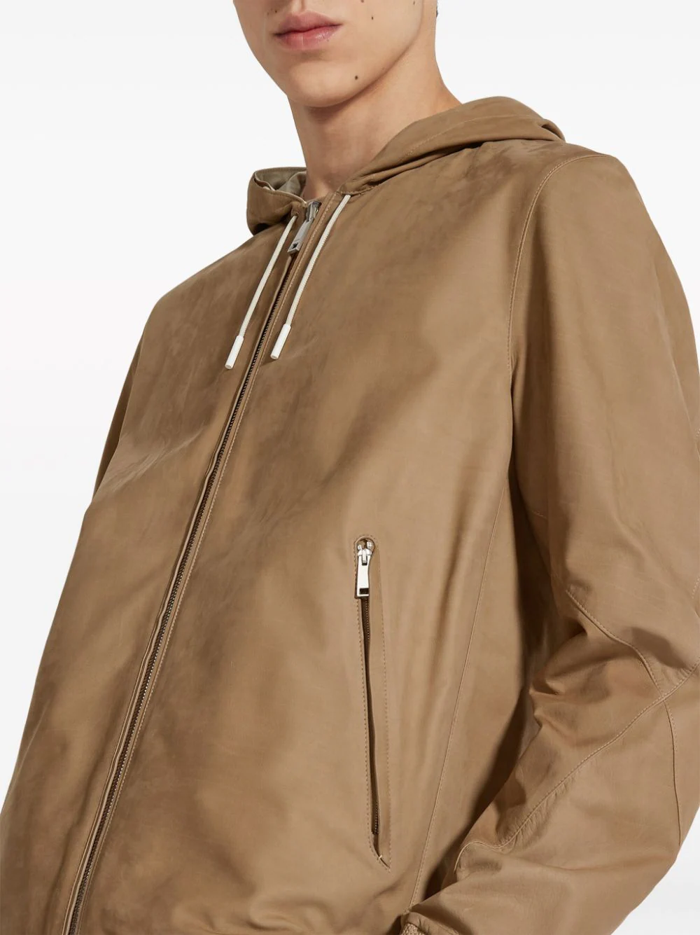 Shop Zegna Hooded Zip-front Leather Jacket Beige