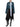 Model wearing the Acne Studios black satin ruffle skirt with a blue jacket