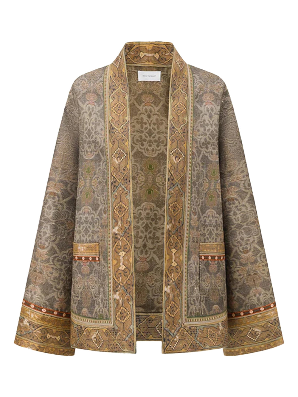 Moss Tone on Tone Printed Tussah Silk Open Front Jacket
