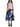 Model wearing an Issey Miyake blue abstract print pleated skirt with a white top