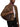 Model wearing the Acne Studios Camero chocolate brown leather camera bag over the shoulder with a brown jacket