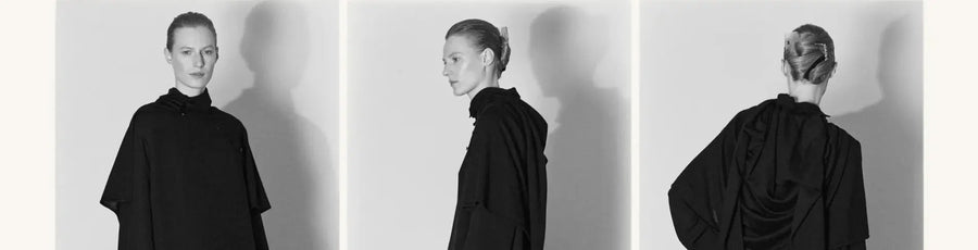 The Row monochrome study — three angles of a black high-collar top above a portrait in a sleeveless black knit gown, The Row at MINOX boutique, Oxford
